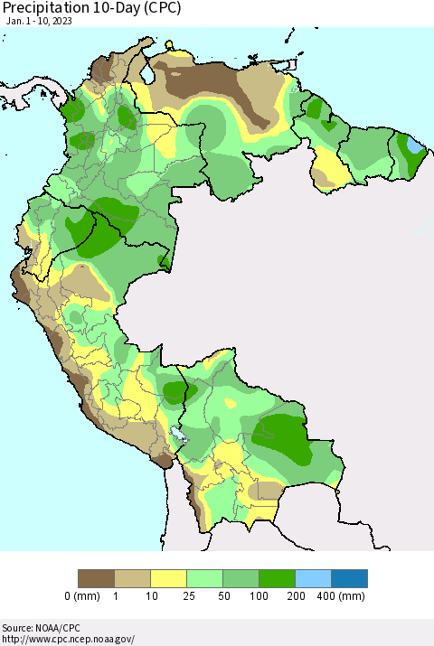 Northern South America Precipitation 10-Day (CPC) Thematic Map For 1/1/2023 - 1/10/2023