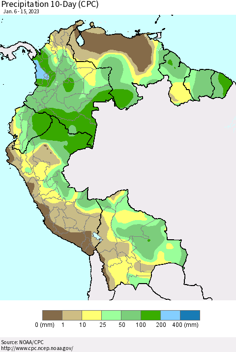 Northern South America Precipitation 10-Day (CPC) Thematic Map For 1/6/2023 - 1/15/2023