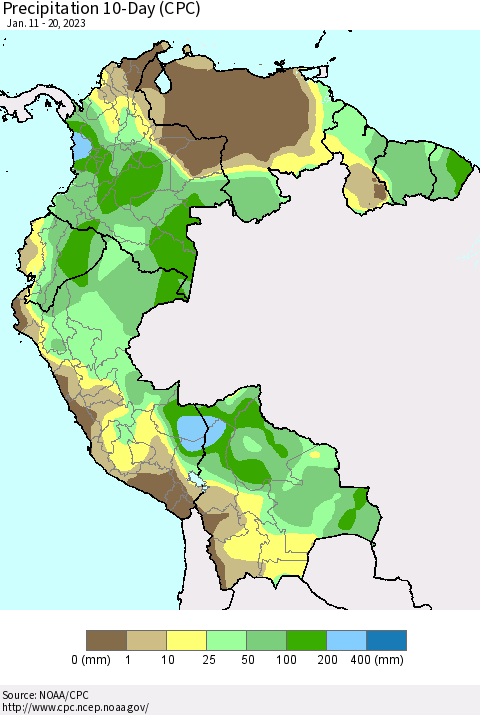 Northern South America Precipitation 10-Day (CPC) Thematic Map For 1/11/2023 - 1/20/2023