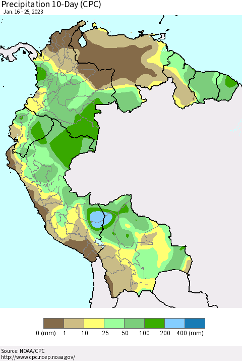 Northern South America Precipitation 10-Day (CPC) Thematic Map For 1/16/2023 - 1/25/2023