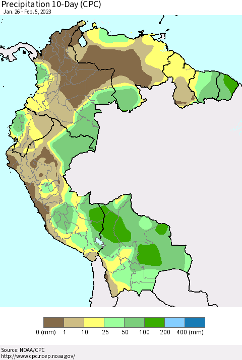 Northern South America Precipitation 10-Day (CPC) Thematic Map For 1/26/2023 - 2/5/2023