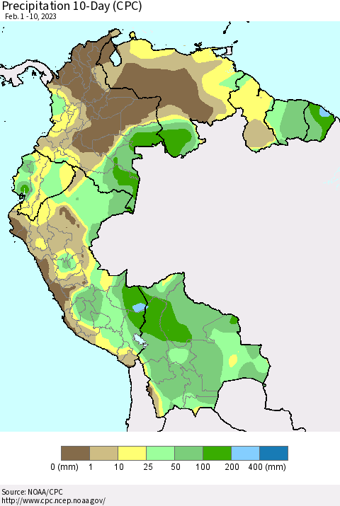 Northern South America Precipitation 10-Day (CPC) Thematic Map For 2/1/2023 - 2/10/2023