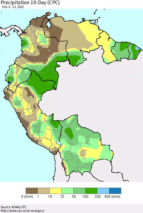 Northern South America Precipitation 10-Day (CPC) Thematic Map For 2/6/2023 - 2/15/2023
