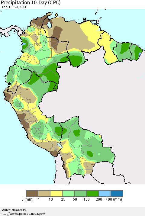 Northern South America Precipitation 10-Day (CPC) Thematic Map For 2/11/2023 - 2/20/2023