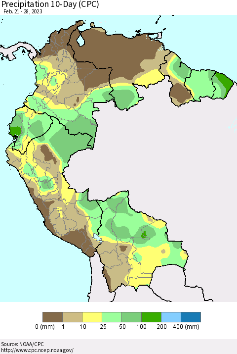 Northern South America Precipitation 10-Day (CPC) Thematic Map For 2/21/2023 - 2/28/2023