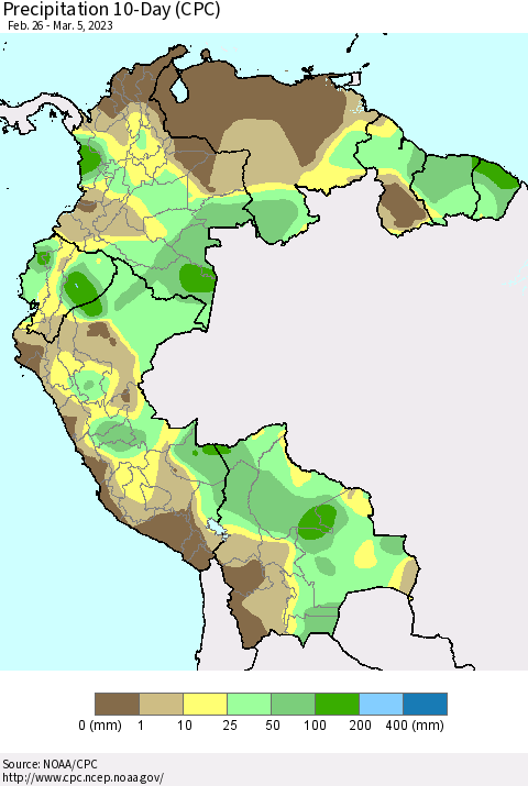 Northern South America Precipitation 10-Day (CPC) Thematic Map For 2/26/2023 - 3/5/2023