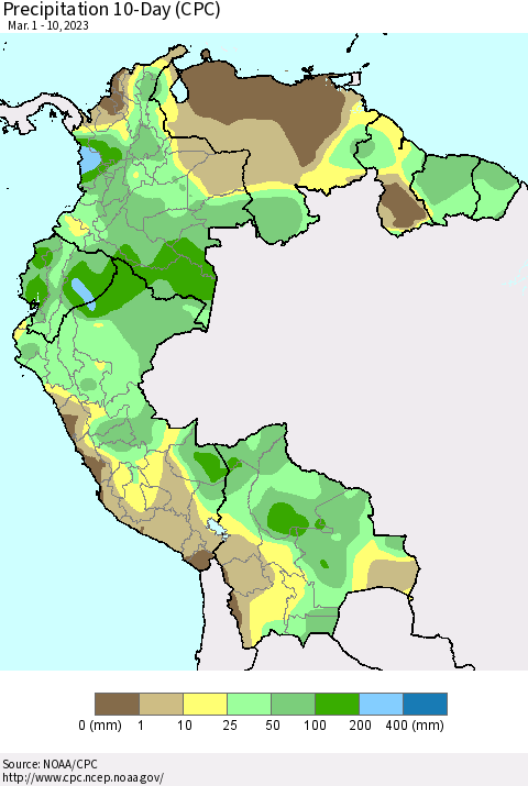 Northern South America Precipitation 10-Day (CPC) Thematic Map For 3/1/2023 - 3/10/2023