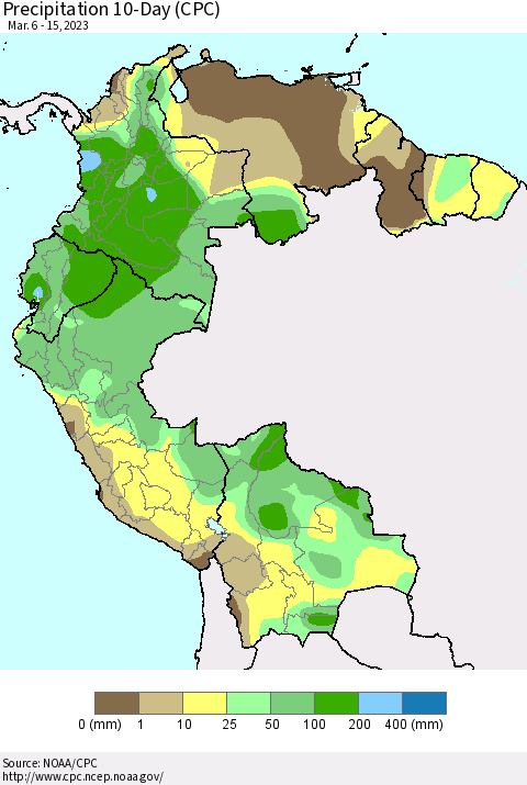 Northern South America Precipitation 10-Day (CPC) Thematic Map For 3/6/2023 - 3/15/2023