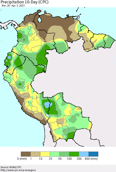 Northern South America Precipitation 10-Day (CPC) Thematic Map For 3/26/2023 - 4/5/2023