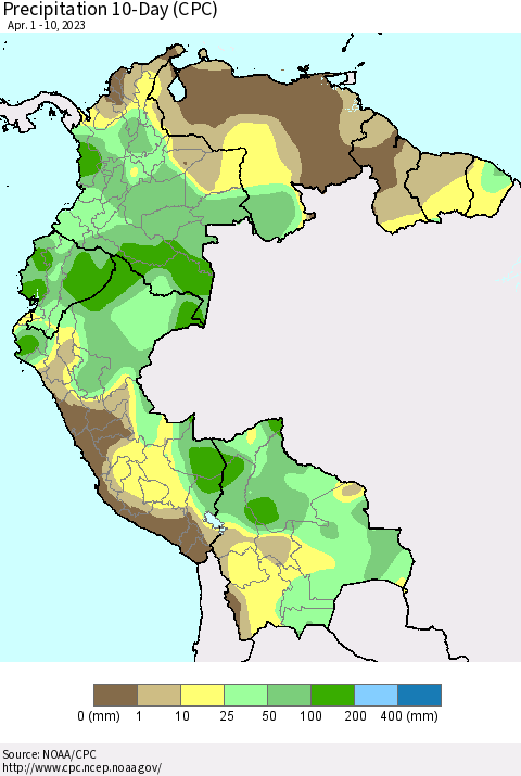 Northern South America Precipitation 10-Day (CPC) Thematic Map For 4/1/2023 - 4/10/2023