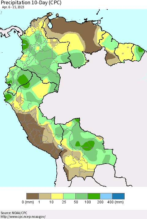 Northern South America Precipitation 10-Day (CPC) Thematic Map For 4/6/2023 - 4/15/2023