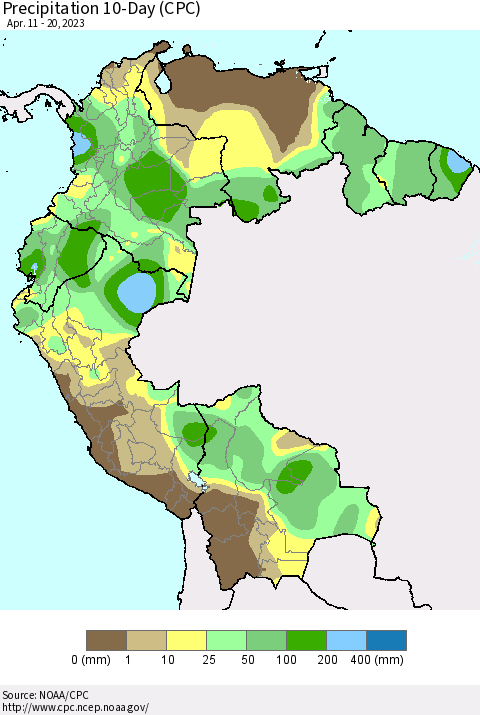Northern South America Precipitation 10-Day (CPC) Thematic Map For 4/11/2023 - 4/20/2023
