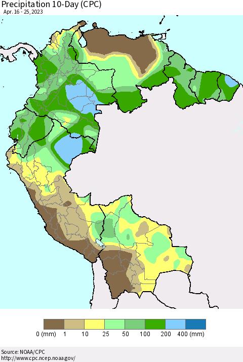 Northern South America Precipitation 10-Day (CPC) Thematic Map For 4/16/2023 - 4/25/2023