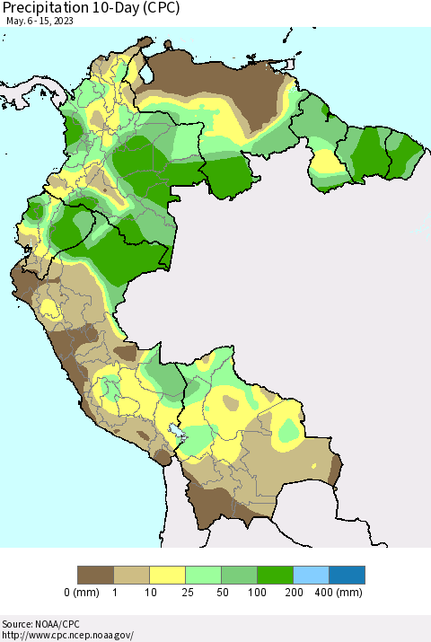 Northern South America Precipitation 10-Day (CPC) Thematic Map For 5/6/2023 - 5/15/2023