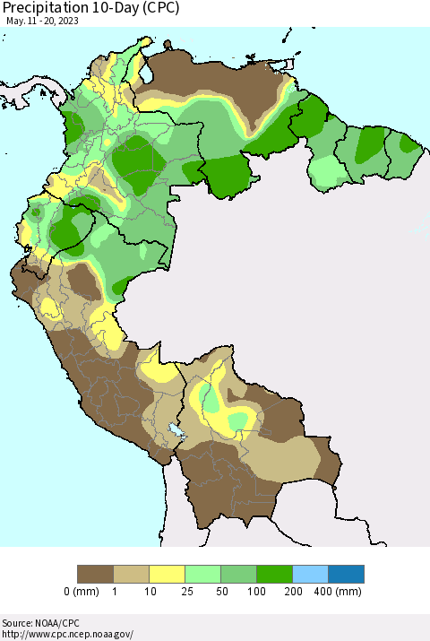 Northern South America Precipitation 10-Day (CPC) Thematic Map For 5/11/2023 - 5/20/2023