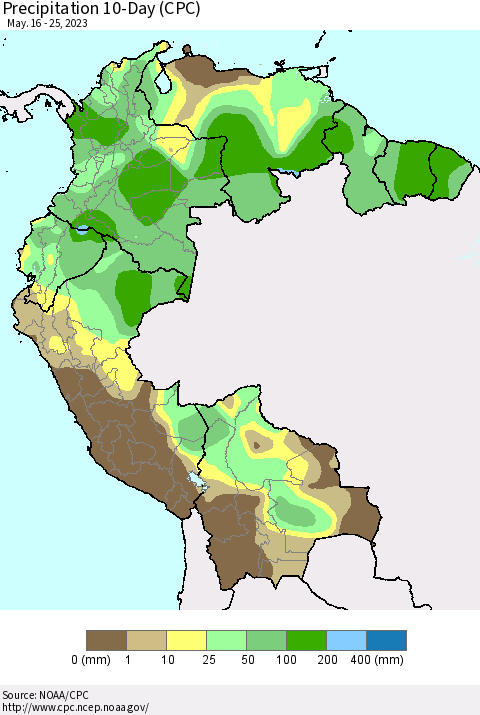 Northern South America Precipitation 10-Day (CPC) Thematic Map For 5/16/2023 - 5/25/2023
