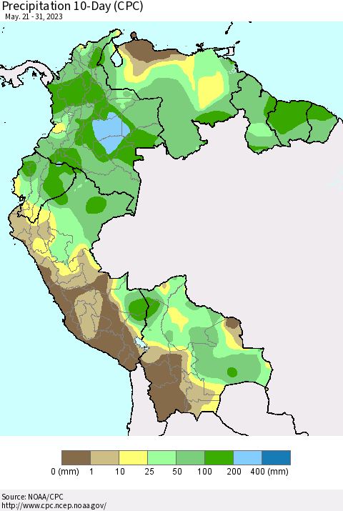 Northern South America Precipitation 10-Day (CPC) Thematic Map For 5/21/2023 - 5/31/2023