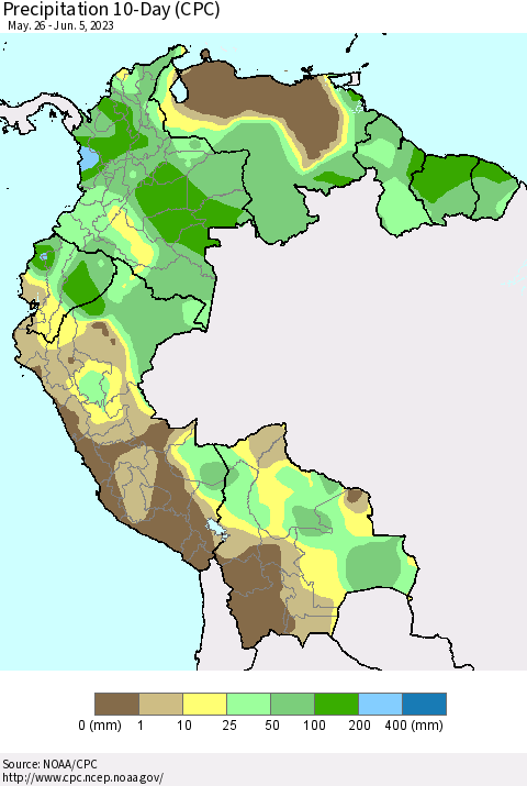 Northern South America Precipitation 10-Day (CPC) Thematic Map For 5/26/2023 - 6/5/2023