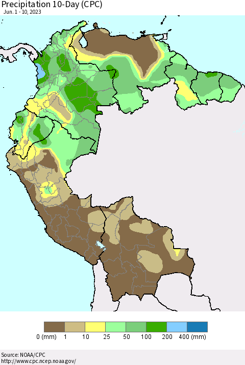 Northern South America Precipitation 10-Day (CPC) Thematic Map For 6/1/2023 - 6/10/2023