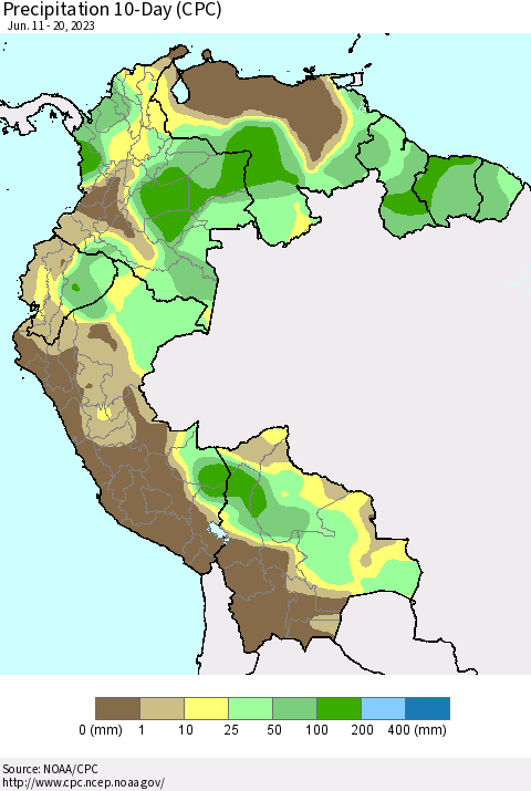 Northern South America Precipitation 10-Day (CPC) Thematic Map For 6/11/2023 - 6/20/2023