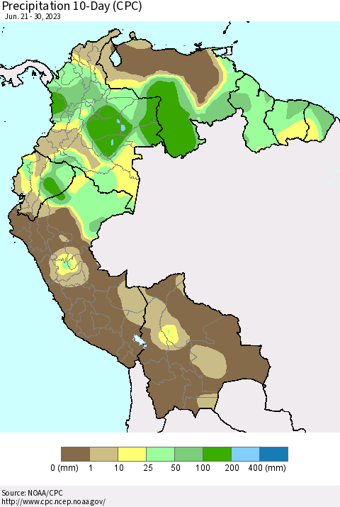 Northern South America Precipitation 10-Day (CPC) Thematic Map For 6/21/2023 - 6/30/2023