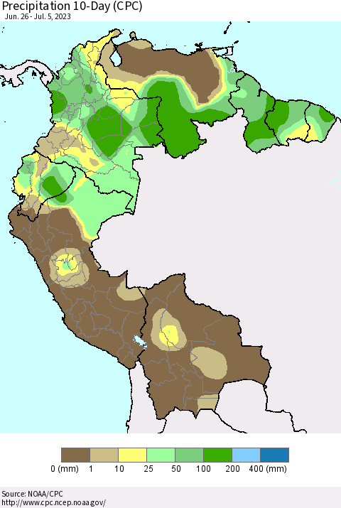Northern South America Precipitation 10-Day (CPC) Thematic Map For 6/26/2023 - 7/5/2023