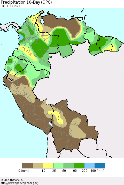 Northern South America Precipitation 10-Day (CPC) Thematic Map For 7/1/2023 - 7/10/2023