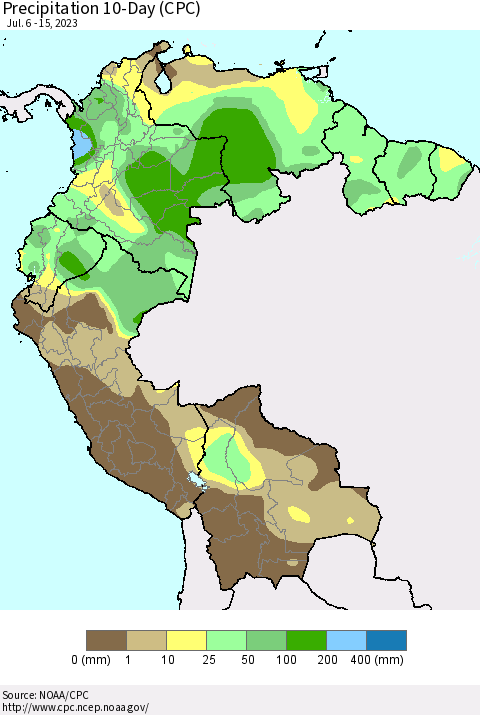 Northern South America Precipitation 10-Day (CPC) Thematic Map For 7/6/2023 - 7/15/2023