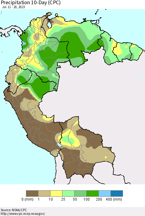 Northern South America Precipitation 10-Day (CPC) Thematic Map For 7/11/2023 - 7/20/2023