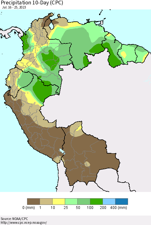 Northern South America Precipitation 10-Day (CPC) Thematic Map For 7/16/2023 - 7/25/2023