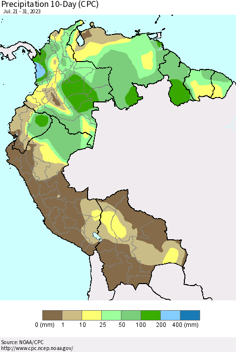 Northern South America Precipitation 10-Day (CPC) Thematic Map For 7/21/2023 - 7/31/2023