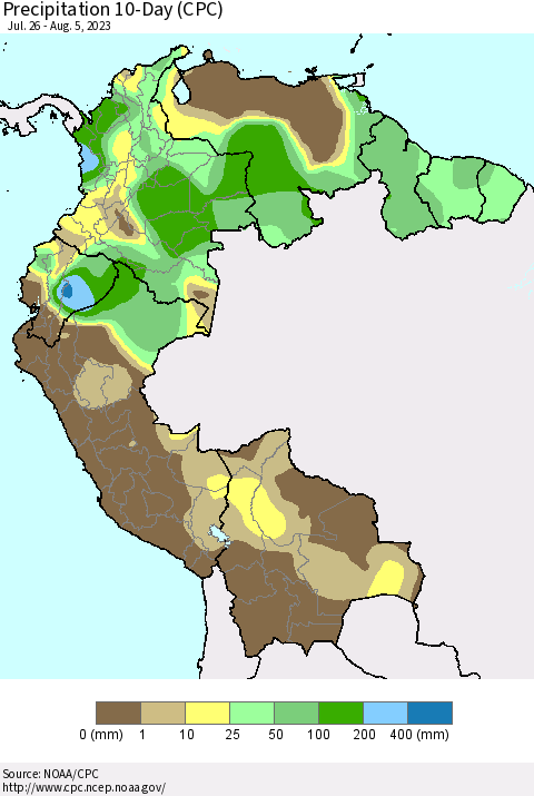 Northern South America Precipitation 10-Day (CPC) Thematic Map For 7/26/2023 - 8/5/2023
