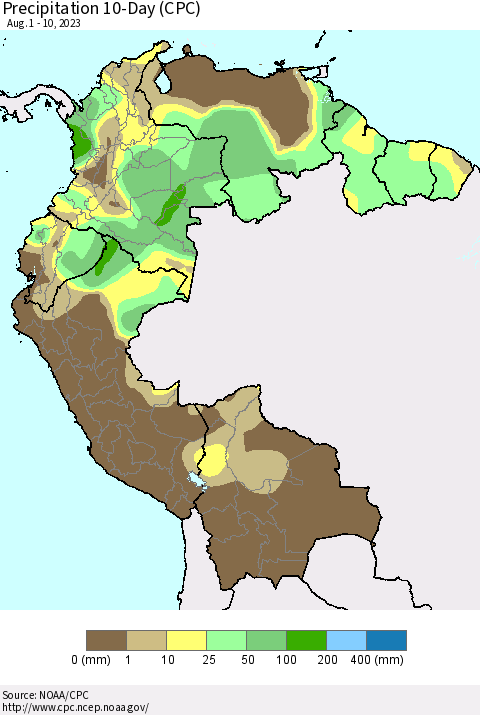 Northern South America Precipitation 10-Day (CPC) Thematic Map For 8/1/2023 - 8/10/2023