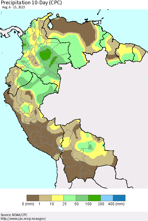 Northern South America Precipitation 10-Day (CPC) Thematic Map For 8/6/2023 - 8/15/2023