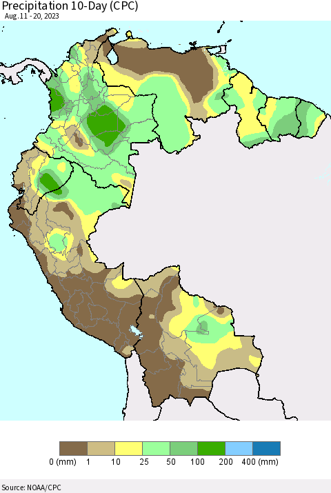 Northern South America Precipitation 10-Day (CPC) Thematic Map For 8/11/2023 - 8/20/2023