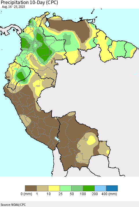 Northern South America Precipitation 10-Day (CPC) Thematic Map For 8/16/2023 - 8/25/2023