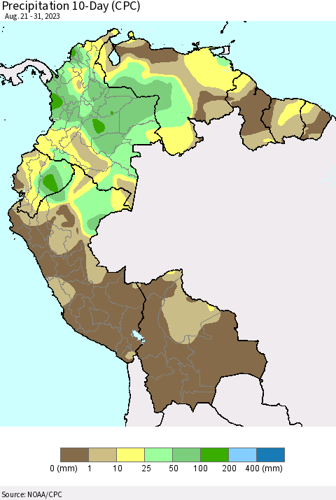 Northern South America Precipitation 10-Day (CPC) Thematic Map For 8/21/2023 - 8/31/2023