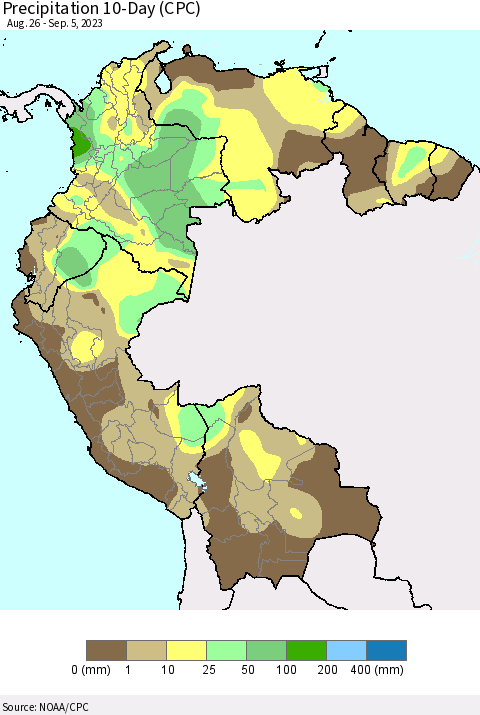 Northern South America Precipitation 10-Day (CPC) Thematic Map For 8/26/2023 - 9/5/2023