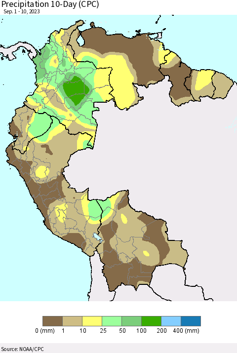 Northern South America Precipitation 10-Day (CPC) Thematic Map For 9/1/2023 - 9/10/2023