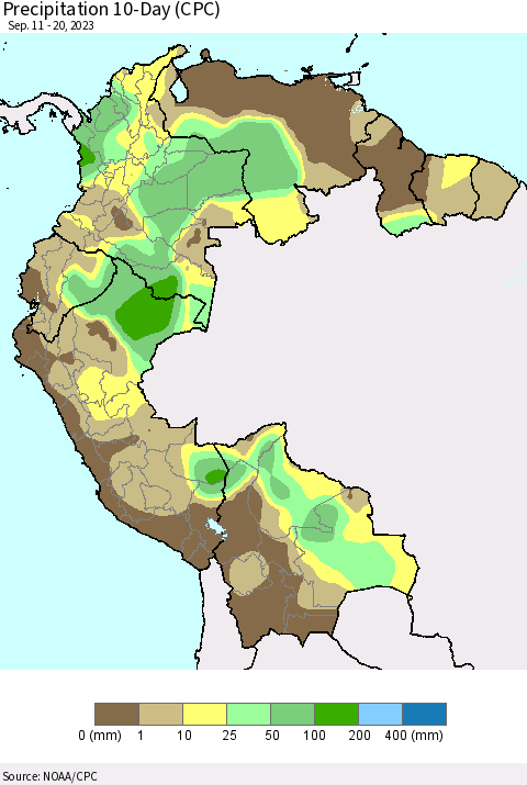 Northern South America Precipitation 10-Day (CPC) Thematic Map For 9/11/2023 - 9/20/2023
