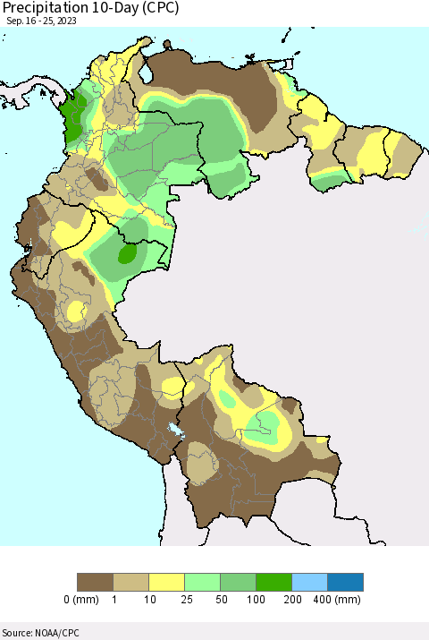 Northern South America Precipitation 10-Day (CPC) Thematic Map For 9/16/2023 - 9/25/2023