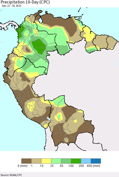 Northern South America Precipitation 10-Day (CPC) Thematic Map For 9/21/2023 - 9/30/2023