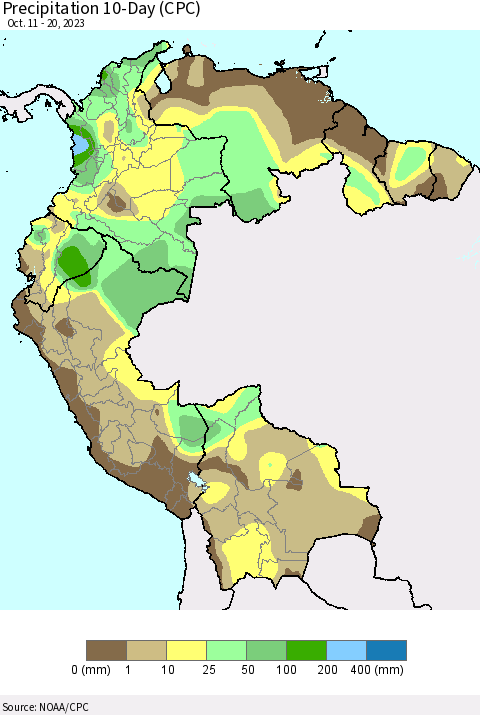 Northern South America Precipitation 10-Day (CPC) Thematic Map For 10/11/2023 - 10/20/2023