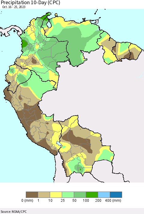 Northern South America Precipitation 10-Day (CPC) Thematic Map For 10/16/2023 - 10/25/2023