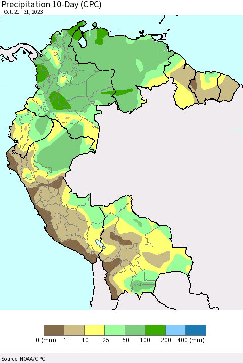 Northern South America Precipitation 10-Day (CPC) Thematic Map For 10/21/2023 - 10/31/2023