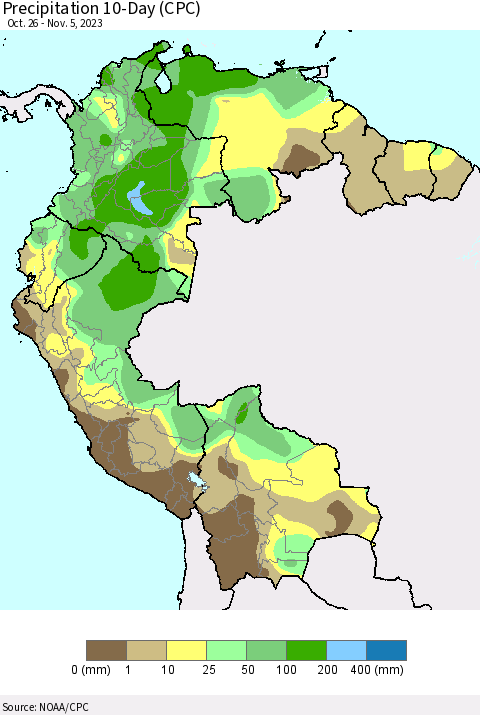 Northern South America Precipitation 10-Day (CPC) Thematic Map For 10/26/2023 - 11/5/2023