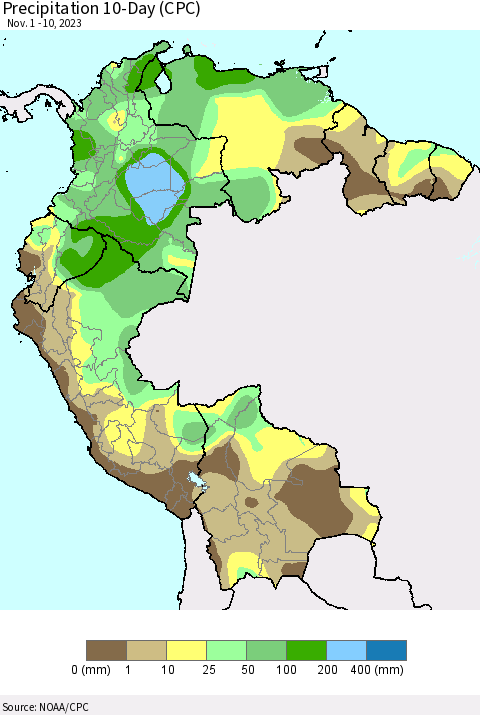 Northern South America Precipitation 10-Day (CPC) Thematic Map For 11/1/2023 - 11/10/2023