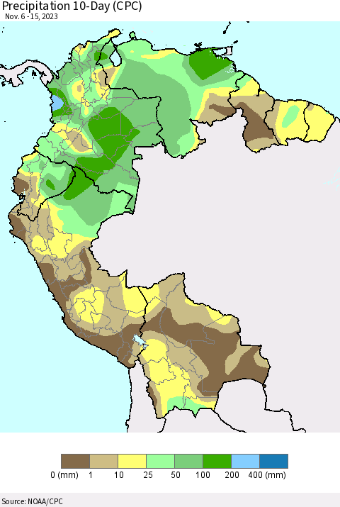 Northern South America Precipitation 10-Day (CPC) Thematic Map For 11/6/2023 - 11/15/2023