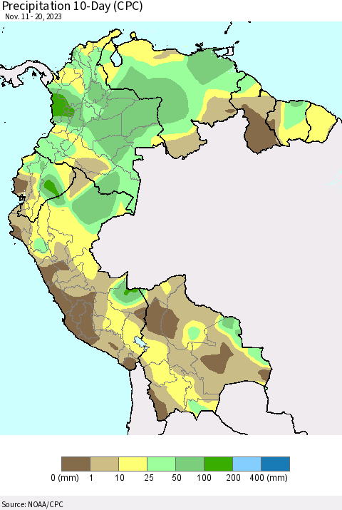 Northern South America Precipitation 10-Day (CPC) Thematic Map For 11/11/2023 - 11/20/2023