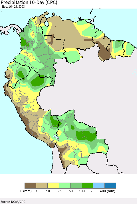 Northern South America Precipitation 10-Day (CPC) Thematic Map For 11/16/2023 - 11/25/2023